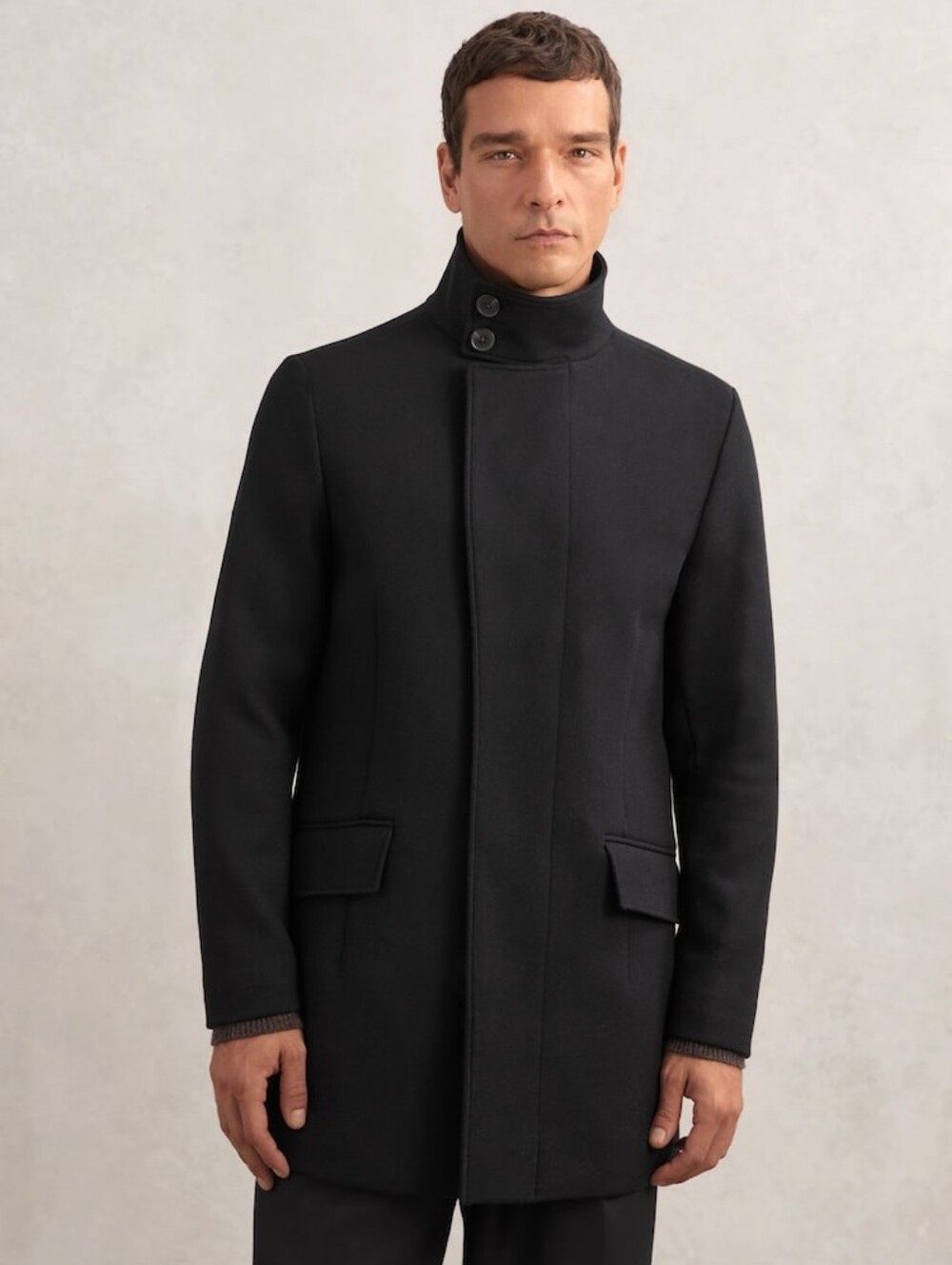 Reiss Riot Wool-Blend Stand-Collar Coat in Black Men's Large